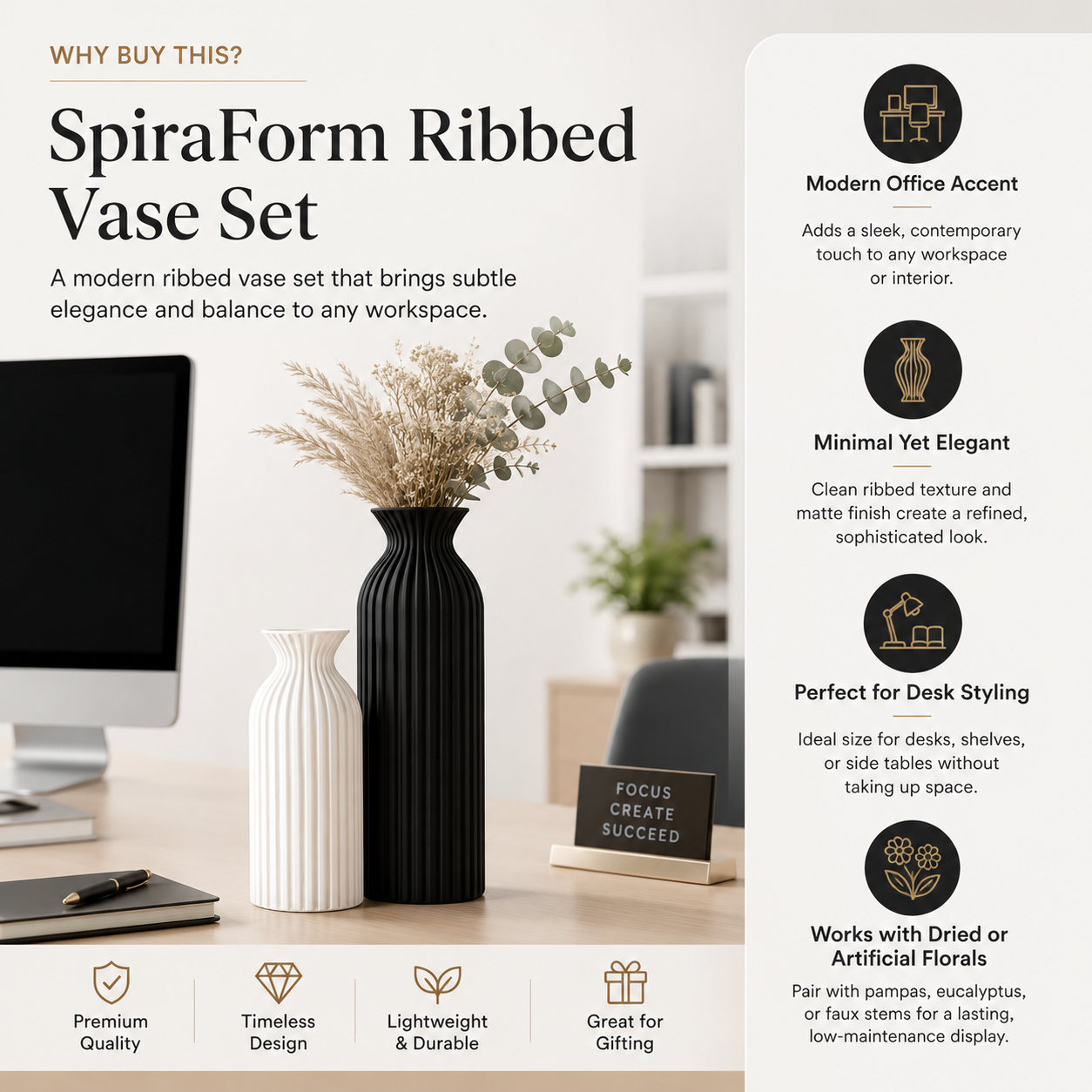 Promotional graphic for a SpiraForm Ribbed Vase Set showing two vases on a desk: one ribbed white and one ribbed black. The image includes marketing text, icons, and a computer monitor in the background to explain the product benefits.