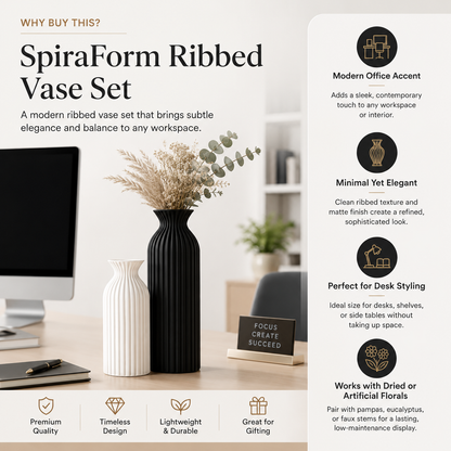 Promotional graphic for a SpiraForm Ribbed Vase Set showing two vases on a desk: one ribbed white and one ribbed black. The image includes marketing text, icons, and a computer monitor in the background to explain the product benefits.