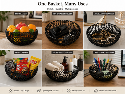A 2x3 collage showing a black wire basket organizer in six different home settings, labeled for uses including fruit basket, key & wallet holder, jewellery organiser, snacks basket, bathroom essentials, and office desk organiser. Text at the top reads 'One Basket, Many Uses' with feature bullets below.