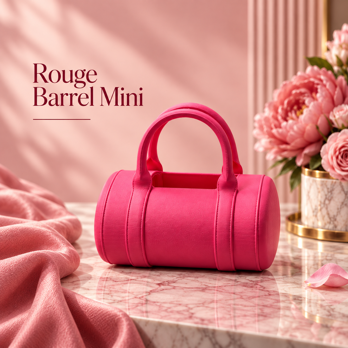 A bright pink cylindrical mini handbag with a top handle sits on a pink marble surface. The scene includes a draped pink fabric on the left, a vase of pink flowers on the right, and the text 'Rouge Barrel Mini' in the upper left.