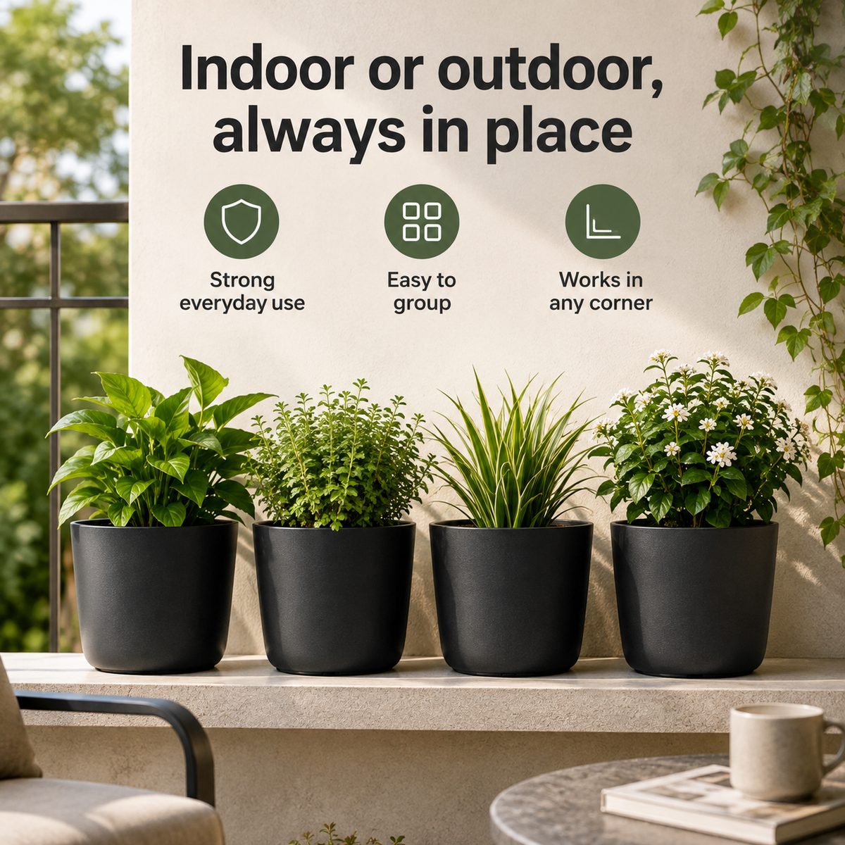 Four black plant pots with green houseplants arranged on a stone ledge in a real outdoor patio setting, with a wall graphic behind them reading 'Indoor or outdoor, always in place' and three feature icons.