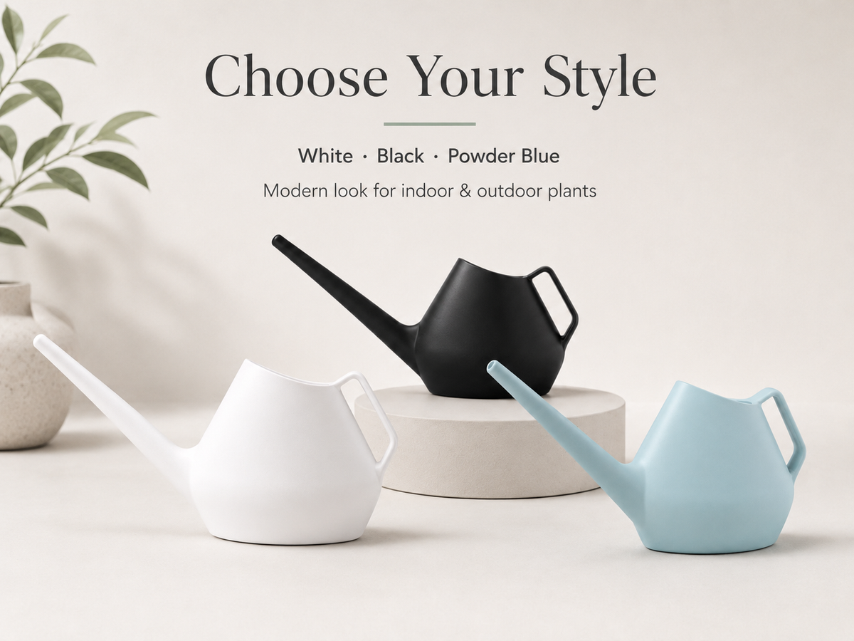 Three minimalist plant watering cans in white, black, and powder blue are displayed on a light beige surface with a text overlay reading 'Choose Your Style' and 'Modern look for indoor & outdoor plants'.