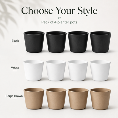 A product display showing a pack of 4 planter pots in three color options: Black, White, and Beige Brown. The pots are arranged in three rows of four, with text labels indicating the color choice.