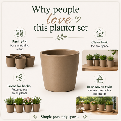 Promotional graphic for a 4-pack of small brown planter pots. The central product is a large brown pot, with smaller matching pots shown around it in a matching set arrangement.