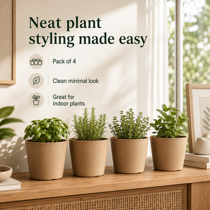 Four small potted herbs in matte beige pots arranged on a wooden console table in a bright room. Text on the wall reads 'Neat plant styling made easy' with icons for pack of 4, clean minimal look, and great for indoor plants.
