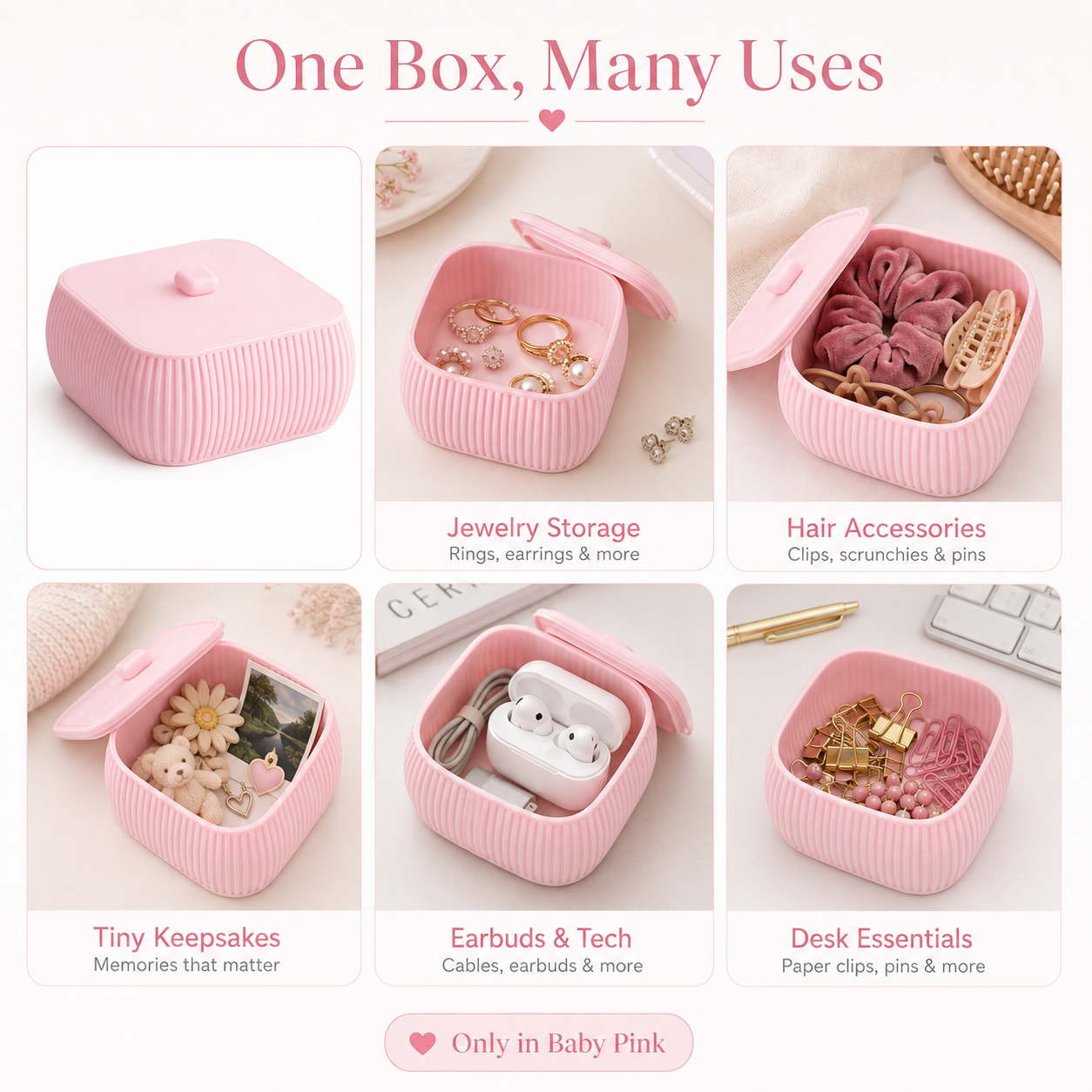A pink ribbed plastic organizer box shown in a six-panel grid with text labels demonstrating multiple uses: jewelry storage, hair accessories, tiny keepsakes, earbuds and tech accessories, and desk essentials. The top reads 'One Box, Many Uses' and the bottom says 'Only in Baby Pink'.