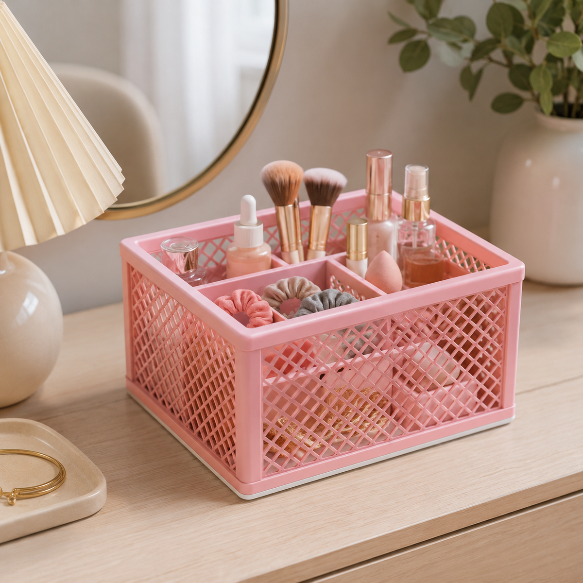 A pink plastic organizer tray with a lattice design, filled with makeup brushes, bottles, and hair ties, sitting on a light wood vanity table next to a lamp and mirror.