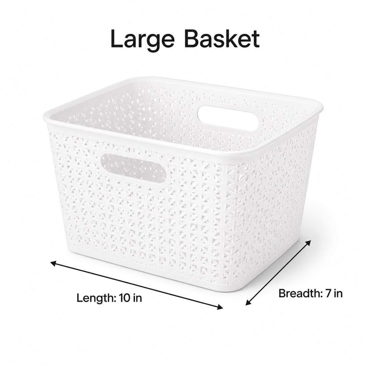 White plastic storage basket with handle cutouts, labeled as a large basket, with dimension arrows showing length 10 in and breadth 7 in on a white background.