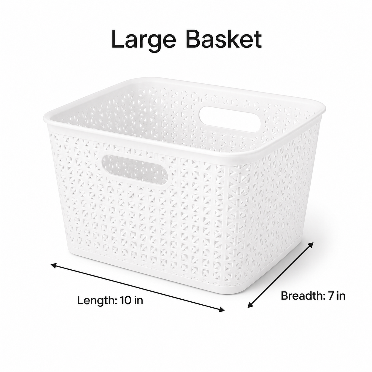 White plastic storage basket with handle cutouts, labeled as a large basket, with dimension arrows showing length 10 in and breadth 7 in on a white background.
