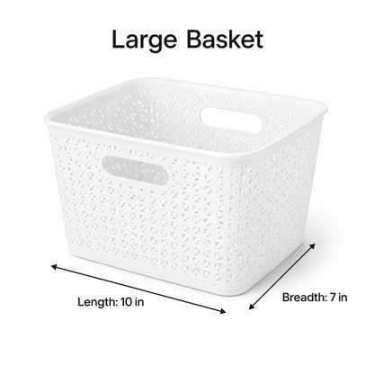 White plastic storage basket with handle cutouts, labeled as a large basket, with dimension arrows showing length 10 in and breadth 7 in on a white background.