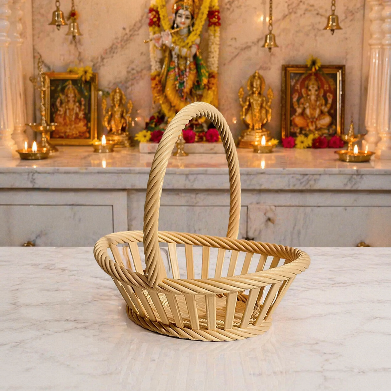 Pooja basket with handle holding flowers and pooja samagri for home temple use