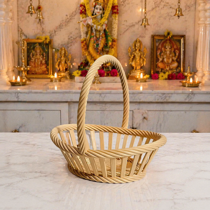 Pooja basket with handle holding flowers and pooja samagri for home temple use
