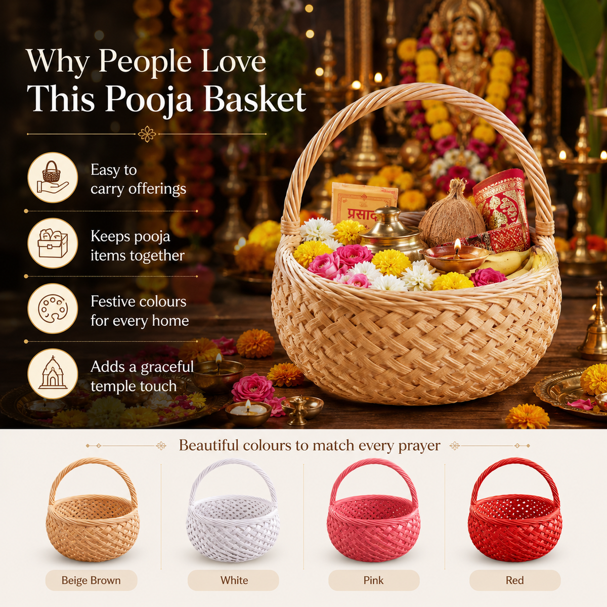 A woven pooja basket filled with flowers, brass bells, and ritual items, shown in a decorated temple setting with promotional text on the left and four color options labeled Beige Brown, White, Pink, and Red along the bottom.