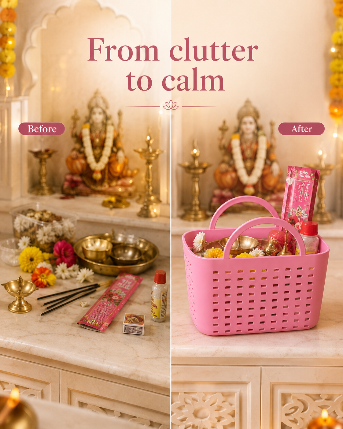 A split before-and-after lifestyle image showing a pink plastic basket filled with prayer items on a marble altar. The left side, labeled 'Before', shows a cluttered altar with multiple objects.