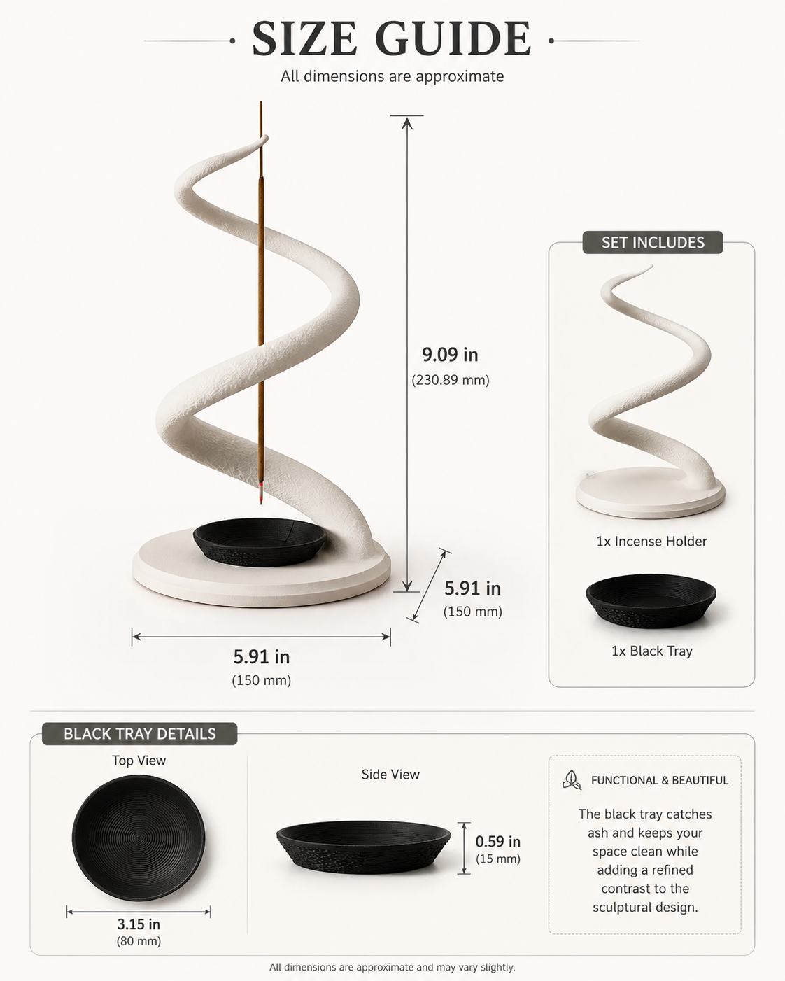 Size guide infographic for a spiral incense holder set, showing the product dimensions, set contents, and black tray details on a light beige background.