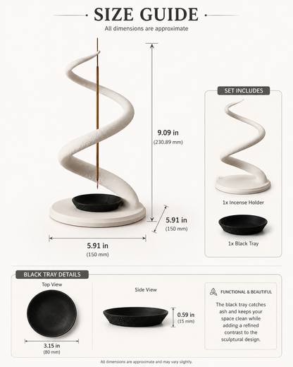 Size guide infographic for a spiral incense holder set, showing the product dimensions, set contents, and black tray details on a light beige background.