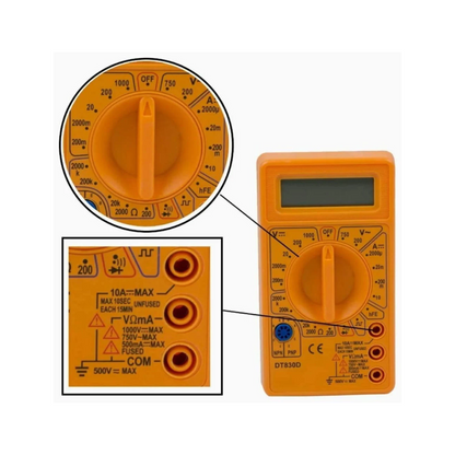 DT830D digital multimeter with test leads for voltage, current and resistance measurement
