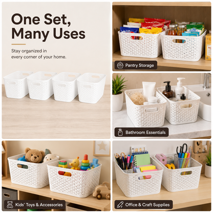 A 4-panel collage showing a set of white plastic organizer bins with cutout handles in different home settings: pantry storage, bathroom essentials, kids' toys, and office supplies. Text on the left reads 'One Set, Many Uses' and labels each usage scenario.