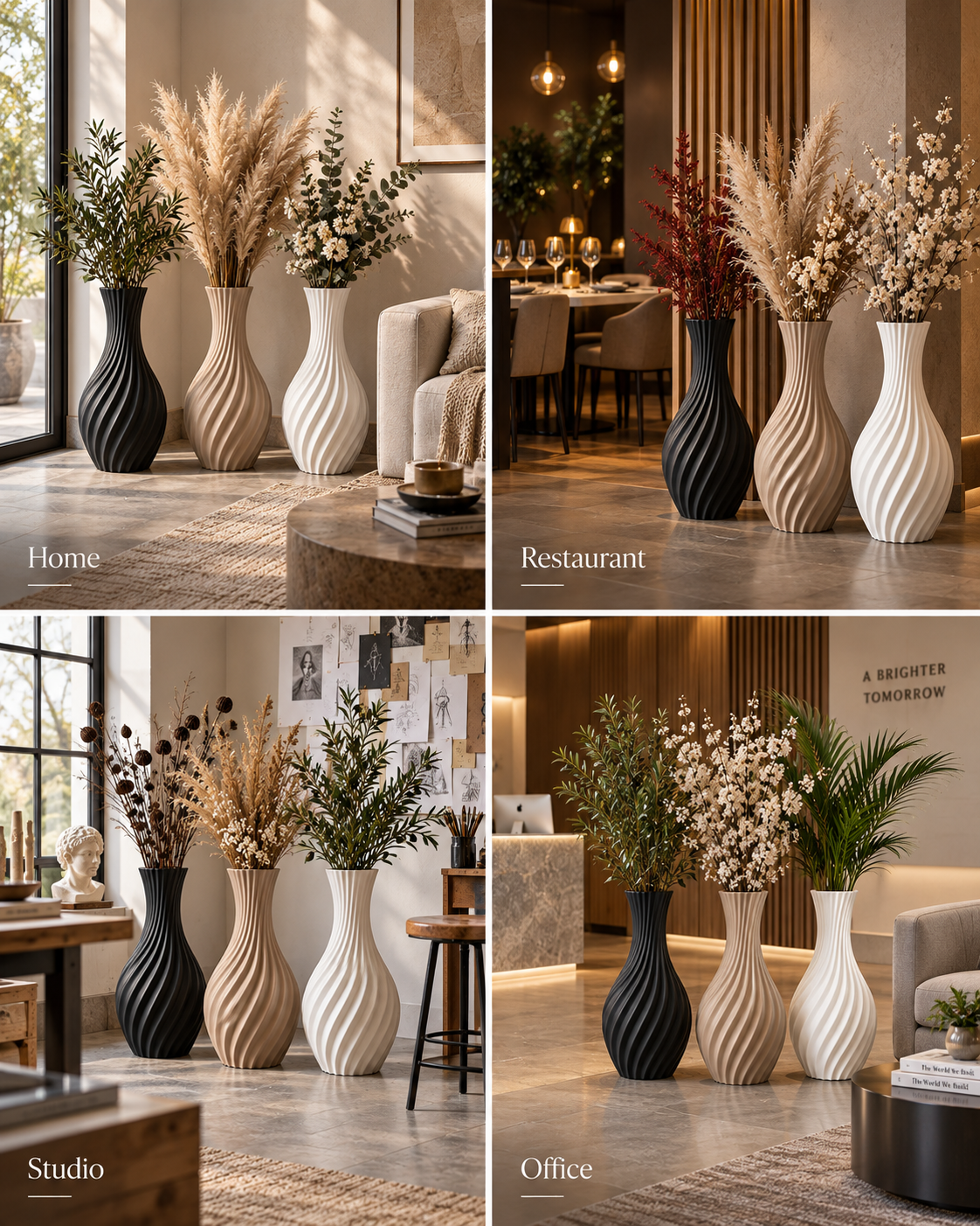 Four-panel collage showing tall ribbed decorative vases filled with dried grasses and plants, styled in home, restaurant, studio, and office interior settings.