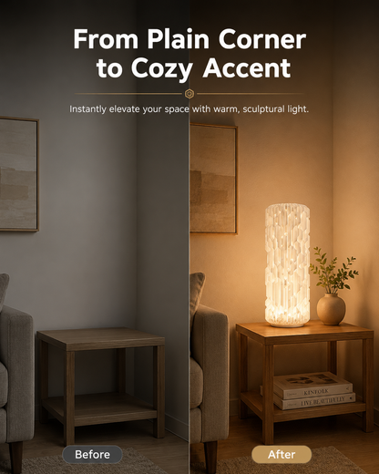 A split before-and-after interior scene showing a lamp placed on a wooden side table in a dim room versus the same lamp glowing warmly in a brighter room. Large text at the top reads 'From Plain Corner to Cozy Accent' with smaller copy about warm sculptural light, and labels 'Before' and 'After' appear at the bottom.