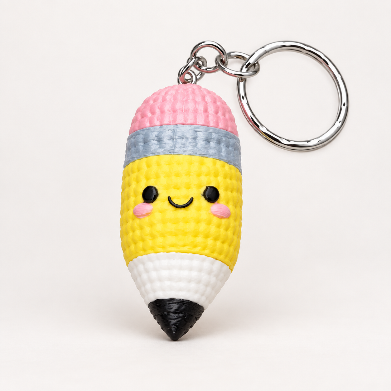 A cute, crocheted pencil-shaped keychain with a smiling face, featuring a pink top, yellow body, white lower section, black tip, and a silver metal key ring.