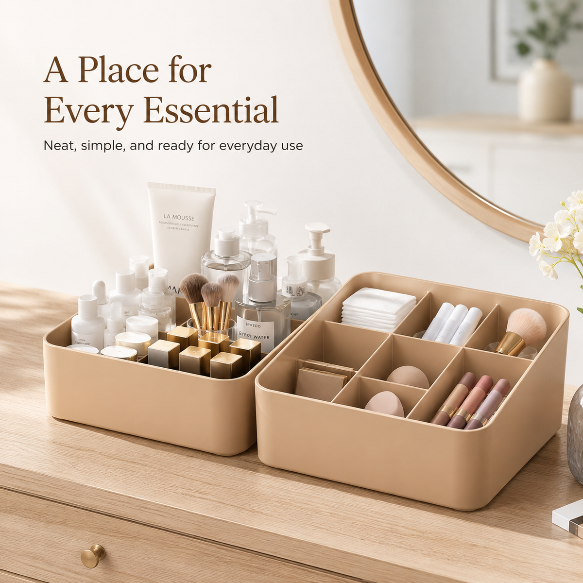 A beige makeup organizer tray set on a wooden vanity, shown open with cosmetics inside. The set includes a larger compartmentalized organizer and a smaller side tray.