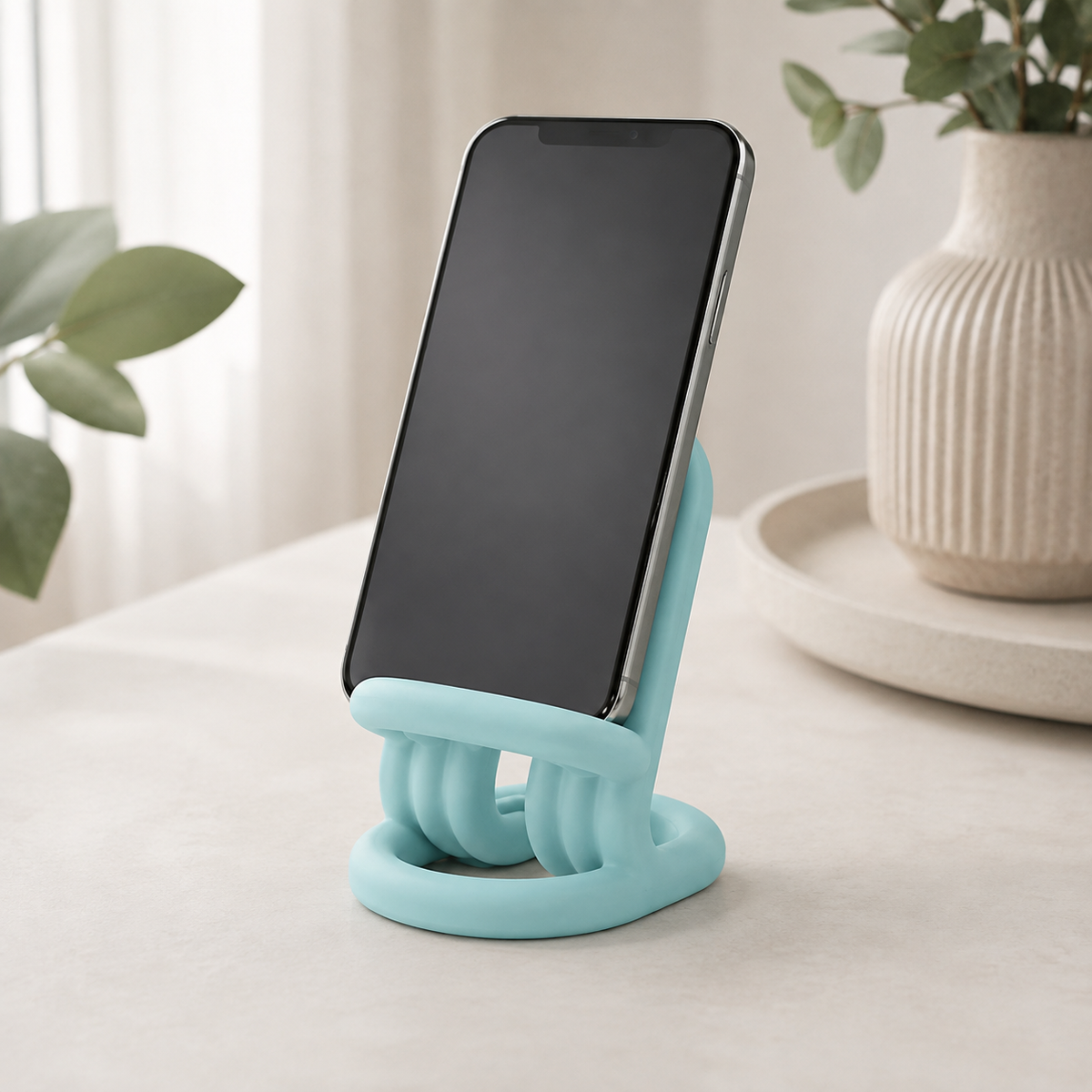 A light blue silicone phone stand holding a black smartphone, set on a light beige tabletop with a blurred background of a plant and a ribbed ceramic vase.