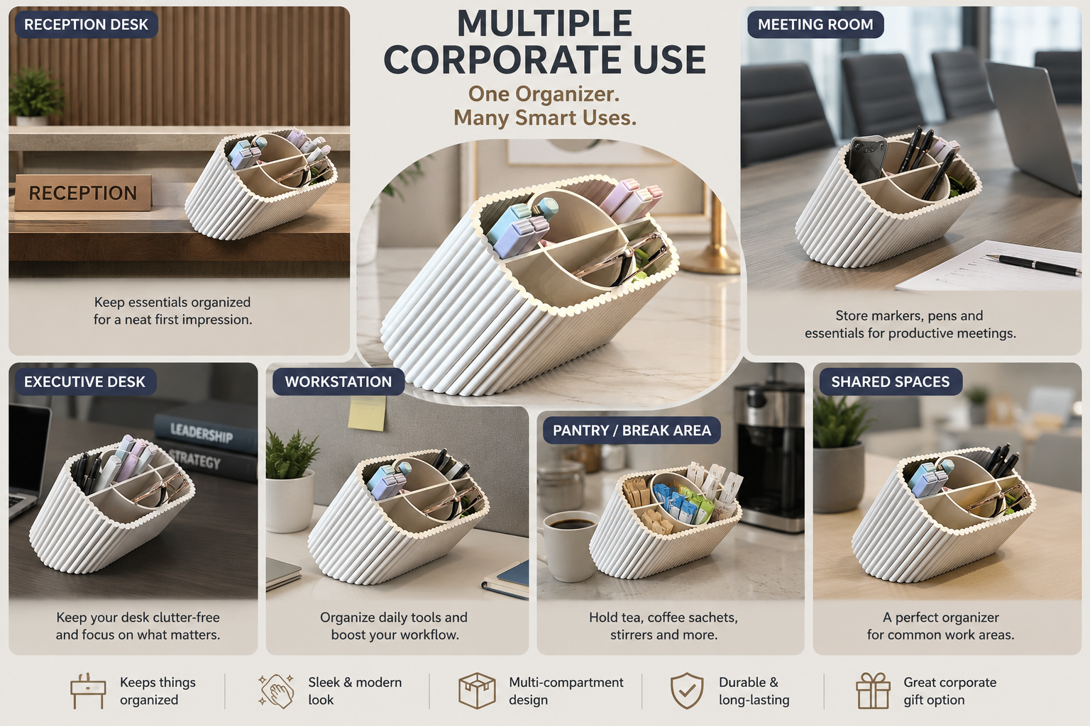 A promotional collage showing a ribbed white desk organizer in multiple office settings, including reception desk, executive desk, workspace, meeting room, pantry/break area, and shared spaces. The organizer has multiple compartments and is shown holding pens, papers, and small office items.