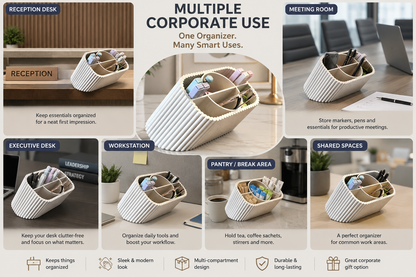 A promotional collage showing a ribbed white desk organizer in multiple office settings, including reception desk, executive desk, workspace, meeting room, pantry/break area, and shared spaces. The organizer has multiple compartments and is shown holding pens, papers, and small office items.
