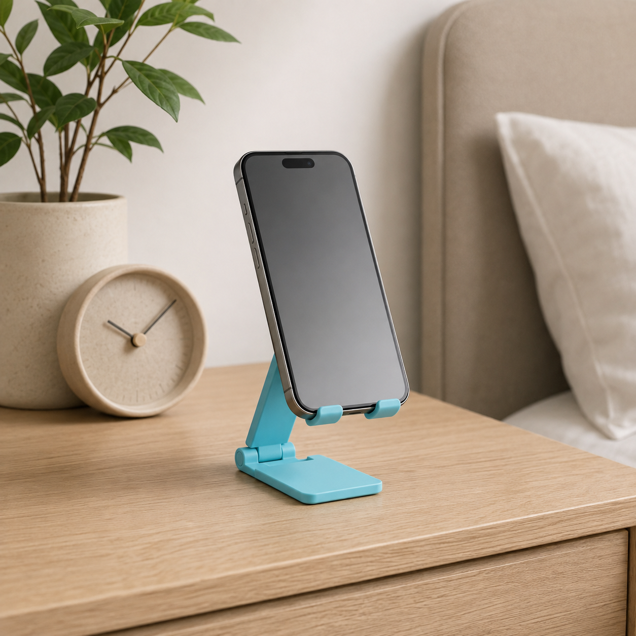 A light blue foldable phone stand holding a smartphone, placed on a wooden bedside table in a bedroom setting with a plant, clock, and bed visible.