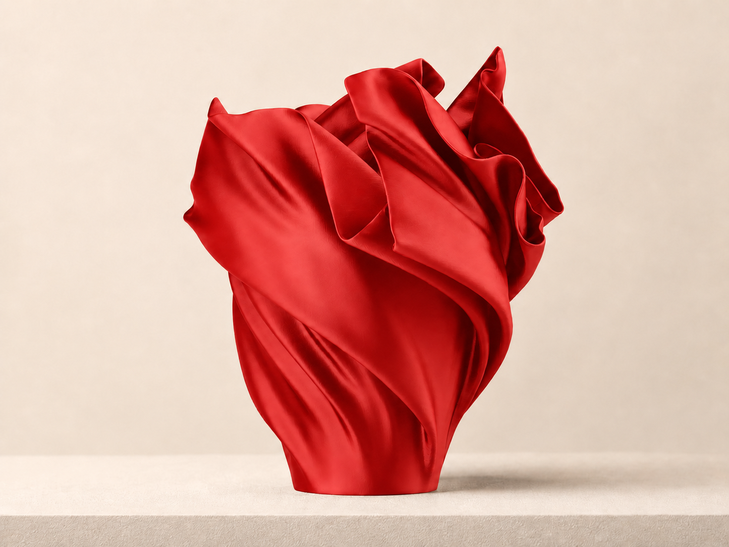 A sculptural red vase made from draped, flowing satin-like fabric, standing on a light beige surface against a warm beige background.