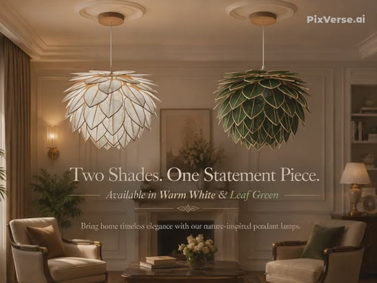 Video showing leaf design ceiling pendant lamp in warm white and leaf green colour options, hanging in a classic living room with soft natural light and premium home decor look.