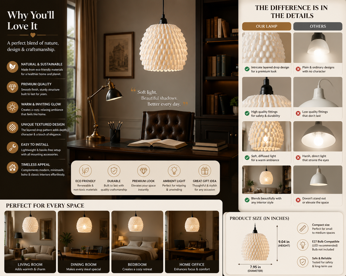 A promotional infographic for a woven pendant light, showing the lamp in a styled home office and bedroom setting, alongside comparison charts, feature icons, and product dimensions.