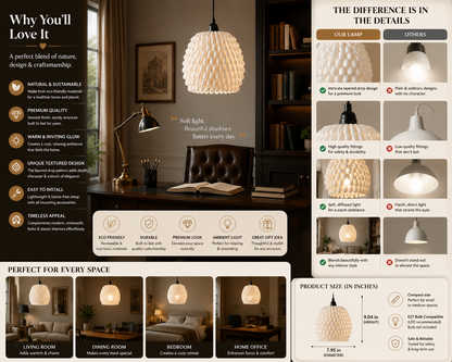 A promotional infographic for a woven pendant light, showing the lamp in a styled home office and bedroom setting, alongside comparison charts, feature icons, and product dimensions.