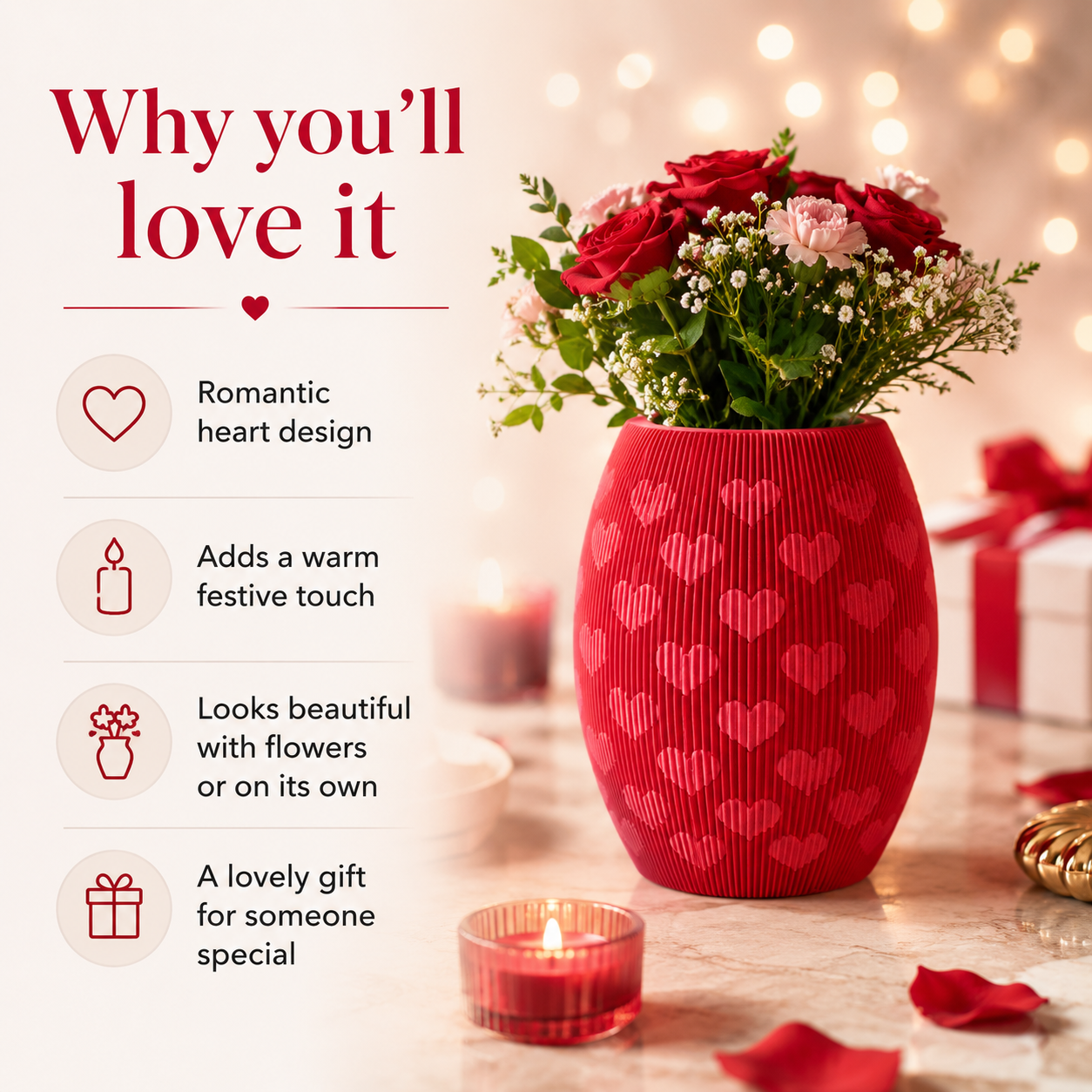 A red ribbed vase covered in pink hearts, filled with red and pink roses and green foliage, displayed on a table with candles, gift boxes, and romantic bokeh lights. Text on the left reads 'Why you’ll love it' with heart icons and bullet points about its romantic design, festive appeal, and gift potential.