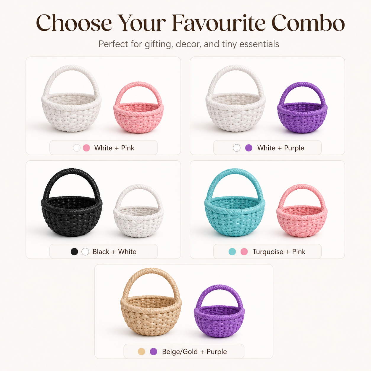 A product options graphic showing five woven basket color combos under the heading 'Choose Your Favourite Combo.' Each panel displays two baskets: one larger light-colored basket and one smaller colored basket.