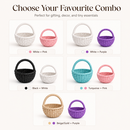 A product options graphic showing five woven basket color combos under the heading 'Choose Your Favourite Combo.' Each panel displays two baskets: one larger light-colored basket and one smaller colored basket.