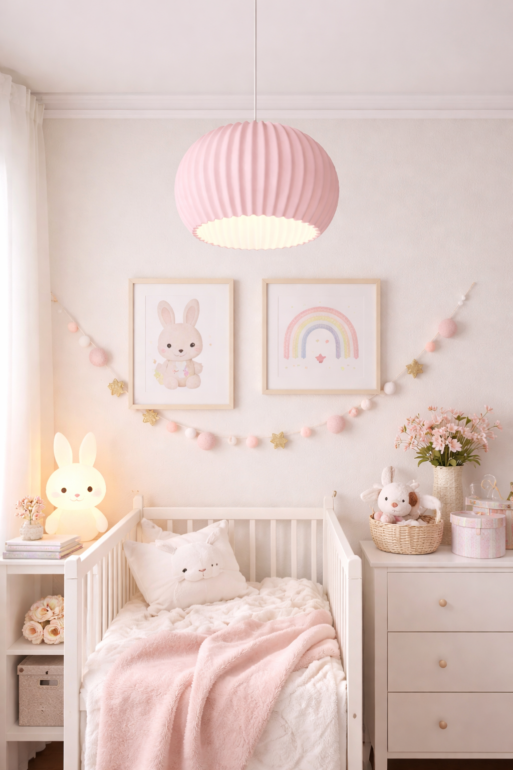 Children's bedroom with pink lamp, rabbit decor, and soft furnishings.