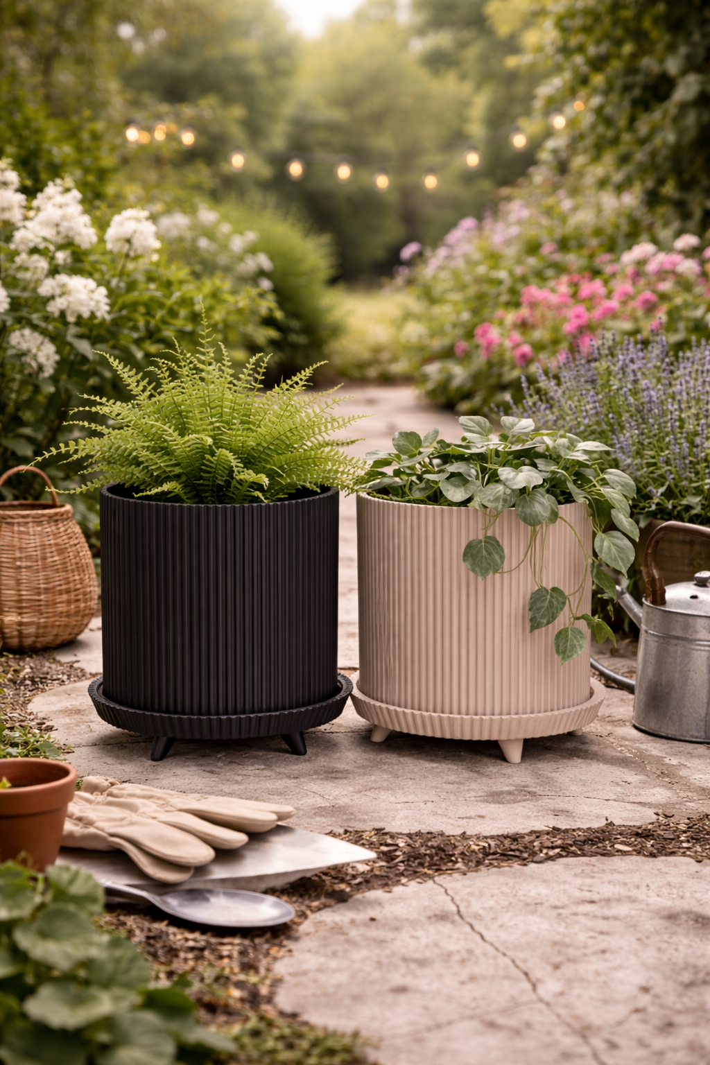 Two planters with greenery on a stone pathway in a garden setting.