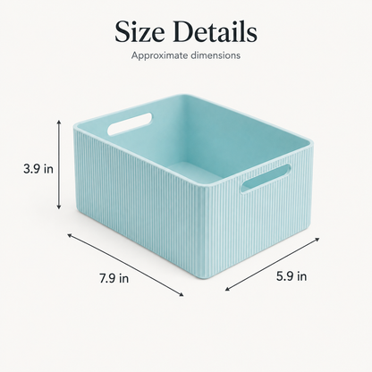 A light blue ribbed storage bin with cutout handles, shown with dimension arrows and text reading 'Size Details' and approximate dimensions 7.9 in by 5.