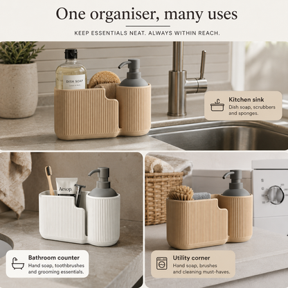 A three-panel promotional graphic showing a ribbed bathroom and kitchen organizer in two colorways: beige and white. The organizer holds a soap dispenser, dish soap, a sponge, a toothbrush, and a small bottle.
