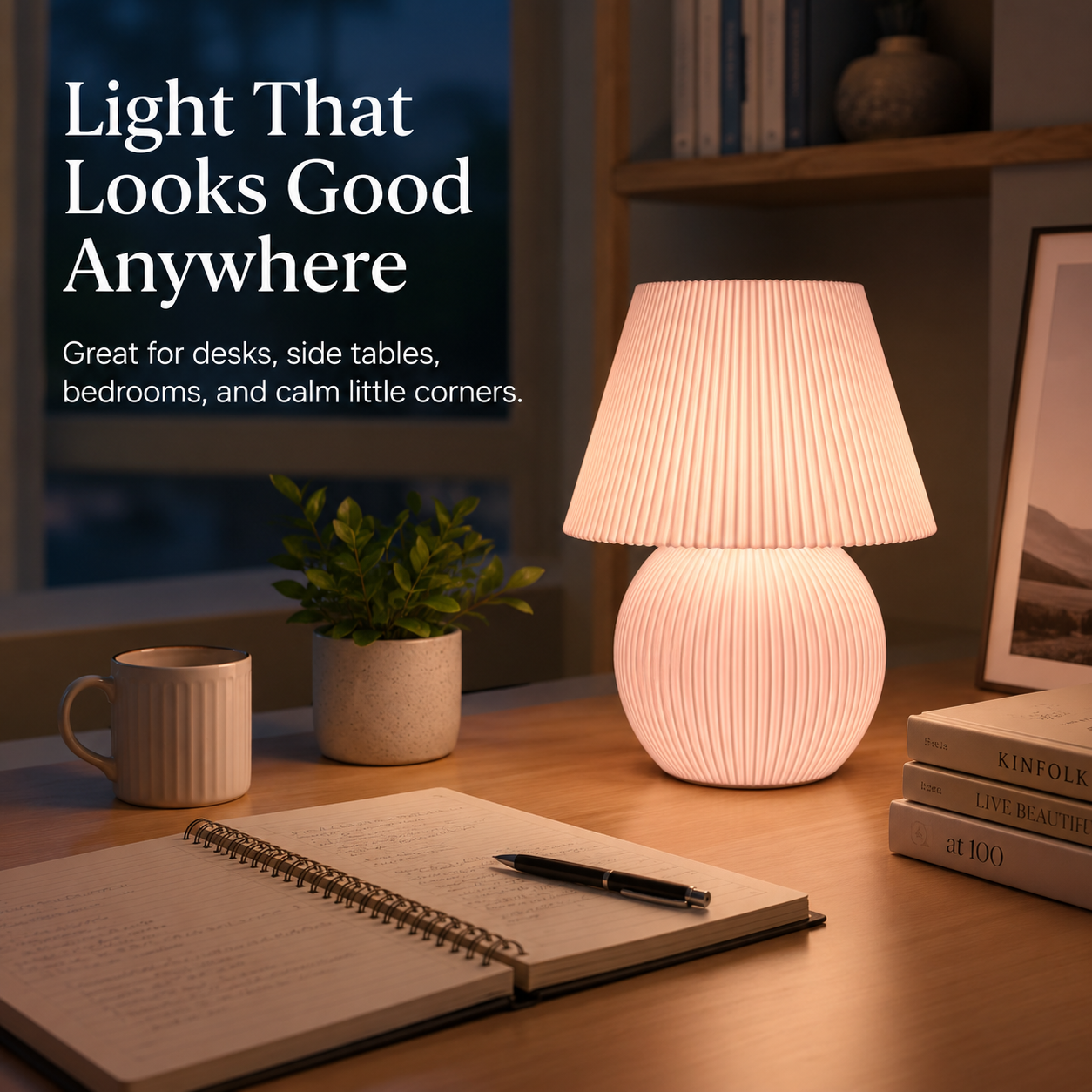 A ribbed ceramic table lamp glowing warm white on a wooden desk, shown in a styled home office or bedroom scene with an open notebook, pen, small plant, mug, books, and framed art. Large text on the left reads, 'Light That Looks Good Anywhere' with supporting copy about using it for desks, side tables, bedrooms, and calm little corners.