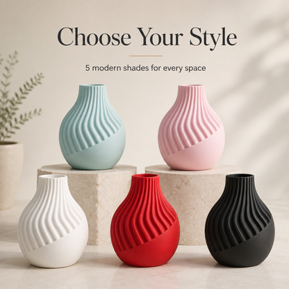 Five ribbed ceramic vases in light blue, pink, white, red, and black are displayed on stone pedestals with the text 'Choose Your Style' above them on a warm beige background.
