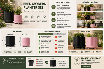 A promotional infographic for a ribbed modern planter set, showing three planters in black, pink, and white, alongside text callouts about features, sizing, color options, and installation benefits.