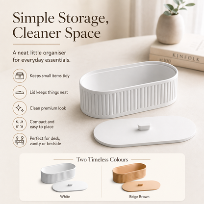 A white ribbed oval storage container with its matching lid, shown on a light beige tabletop with promotional text reading 'Simple Storage, Cleaner Space.' The image also includes a small inset showing the container in white and beige/brown color options.
