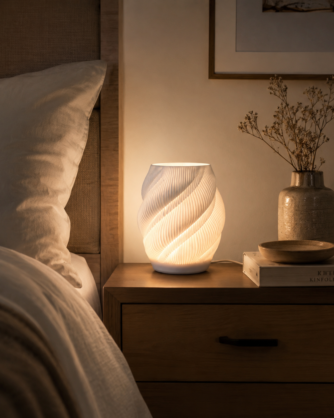 A white ribbed spiral-shaped table lamp glowing warm yellow on a wooden nightstand next to a bed with white bedding.