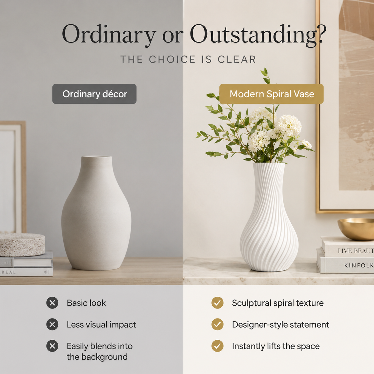 A split comparison graphic showing a white ribbed spiral vase with flowers on the right and a plain matte white vase on the left, under the heading 'Ordinary or Outstanding?'. Text labels the right side 'Modern Spiral Vase' and the left side 'Ordinary décor', with feature callouts below.