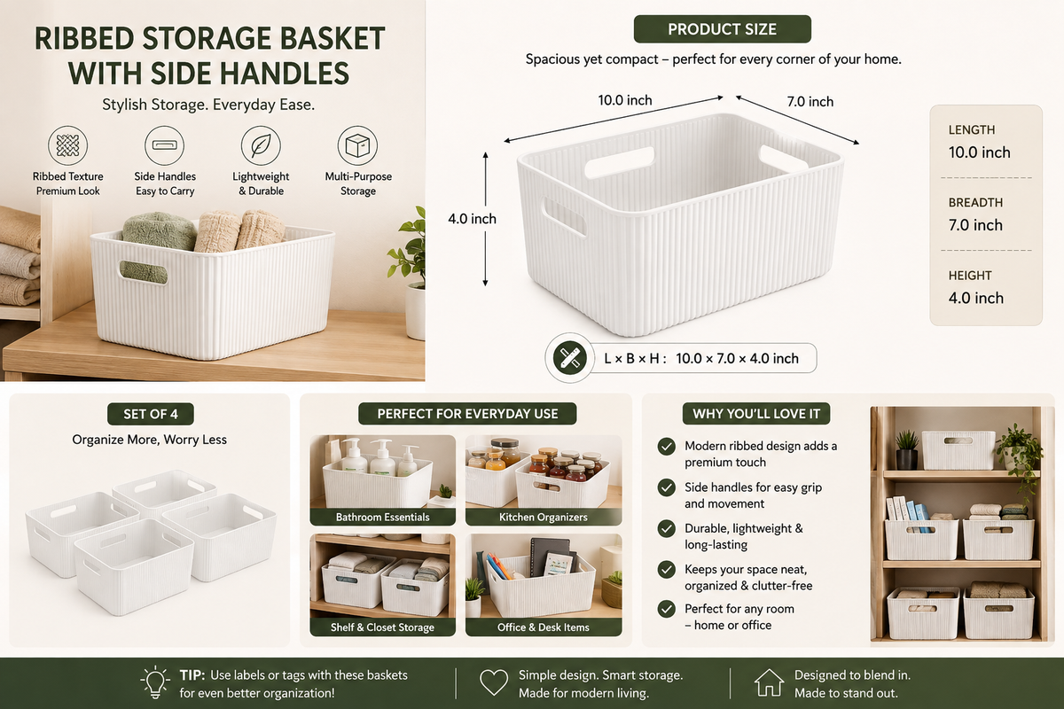 A ribbed storage basket with side handles shown in a product infographic. The main basket is pictured in a light wood room setting, with dimensions labeled as 10.