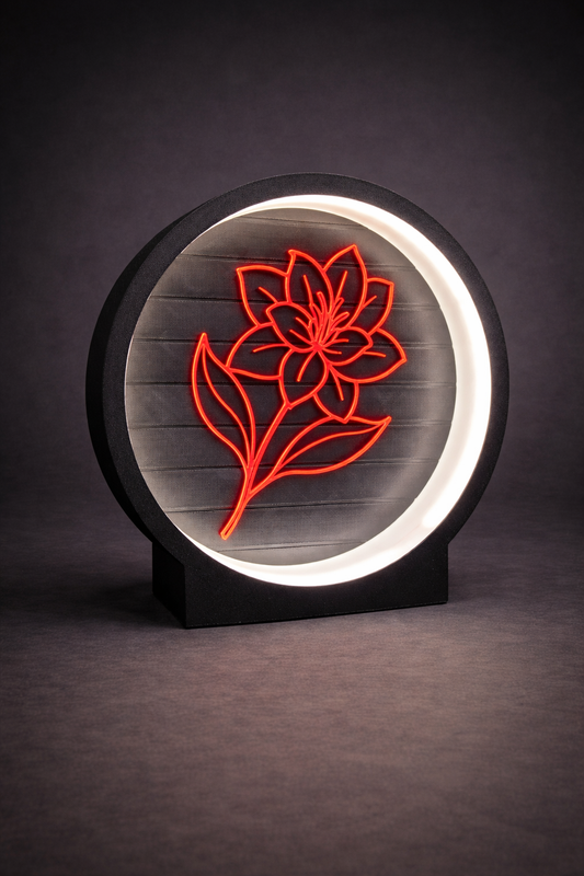 Neon light shaped like a flower on a wooden base with a dark background