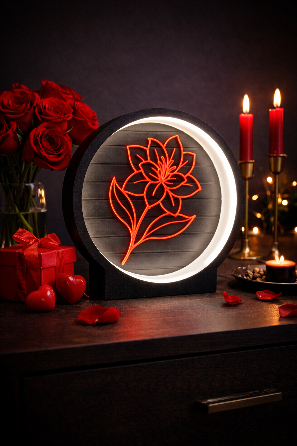 Decorative light with floral design on a table with candles and flowers